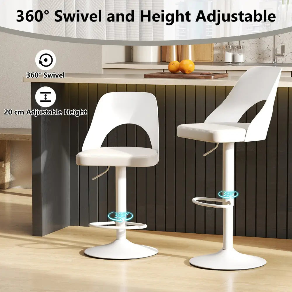 Bar Stools Set of 2 with Enlarged PU Leather Seat and Footrest-White - White - Bar Stools