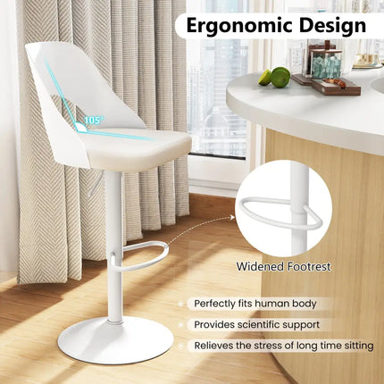 Bar Stools Set of 2 with Enlarged PU Leather Seat and Footrest-White - White - Bar Stools