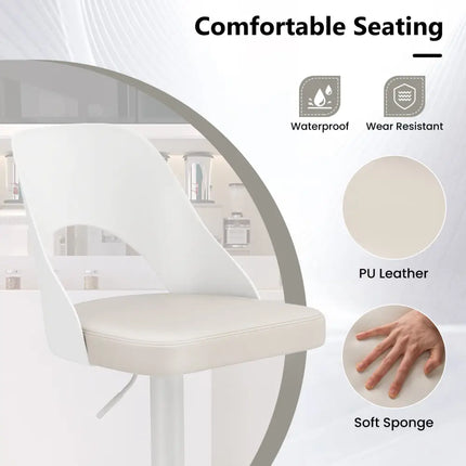 Bar Stools Set of 2 with Enlarged PU Leather Seat and Footrest-White - White - Bar Stools