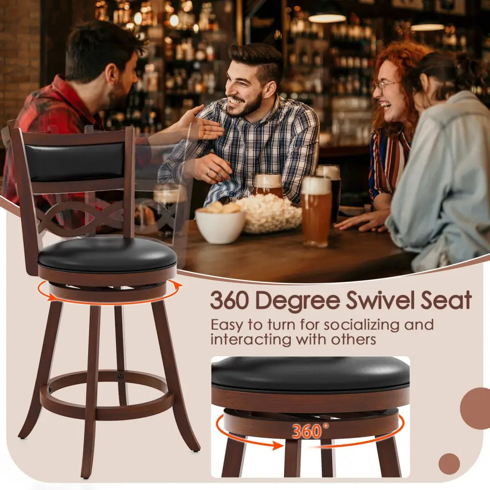 Bar Stools Set of 2 with Rubber Wood Frame and Faux Leather Upholstered Seat-24 Inch - Black & Brown - Bar Stools