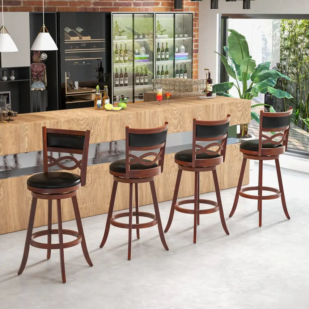 Bar Stools Set of 2 with Rubber Wood Frame and Faux Leather Upholstered Seat-29 Inch - Black & Brown - Bar Stools