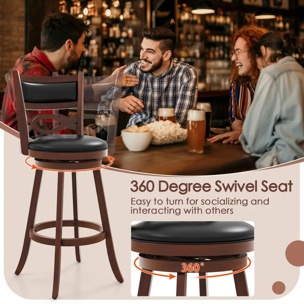 Bar Stools Set of 2 with Rubber Wood Frame and Faux Leather Upholstered Seat-29 Inch - Black & Brown - Bar Stools
