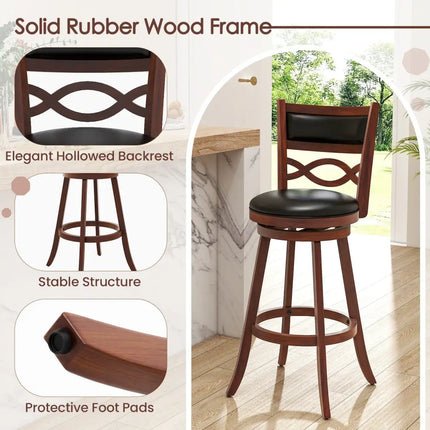 Bar Stools Set of 2 with Rubber Wood Frame and Faux Leather Upholstered Seat-29 Inch - Black & Brown - Bar Stools