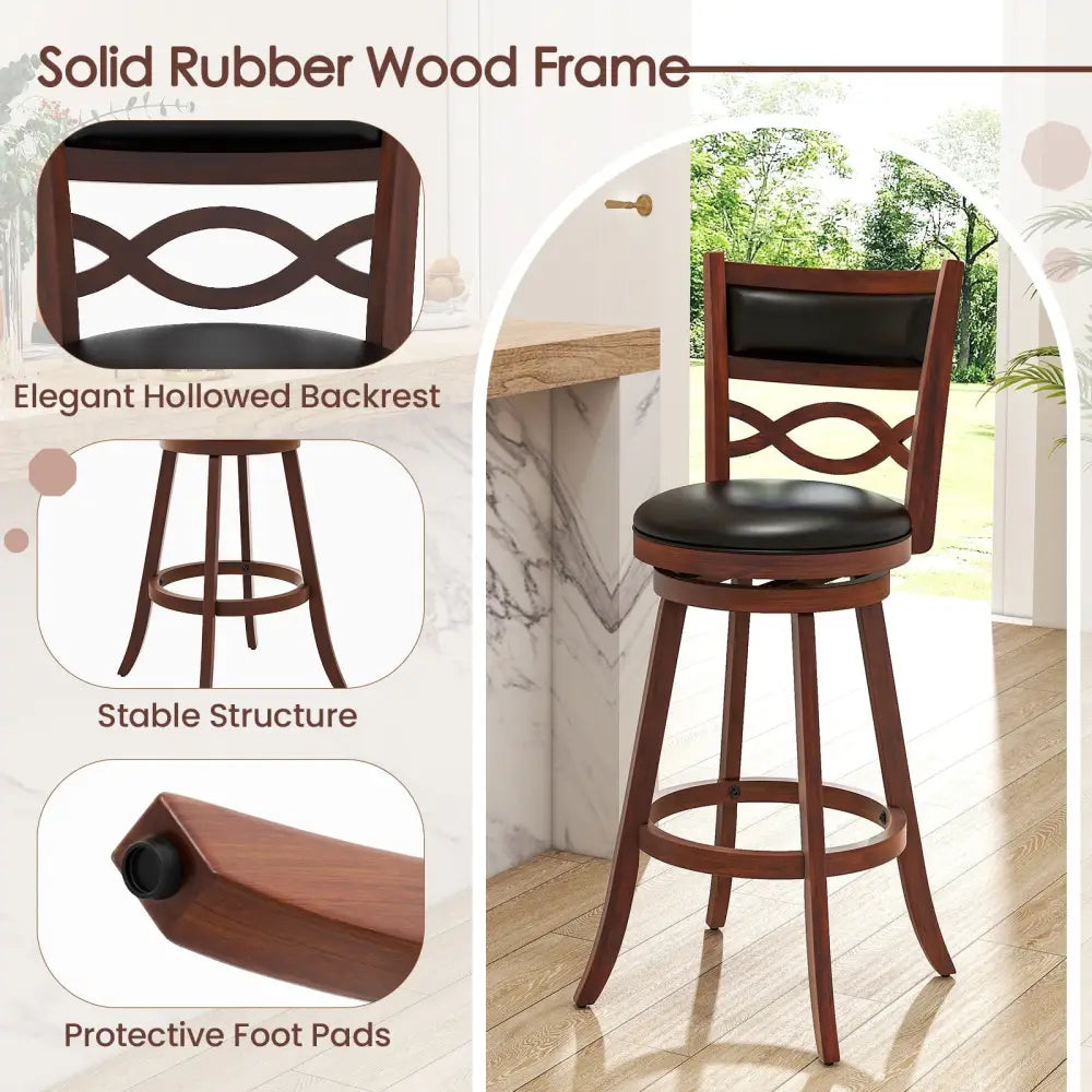 Bar Stools Set of 2 with Rubber Wood Frame and Faux Leather Upholstered Seat-29 Inch - Black & Brown - Bar Stools