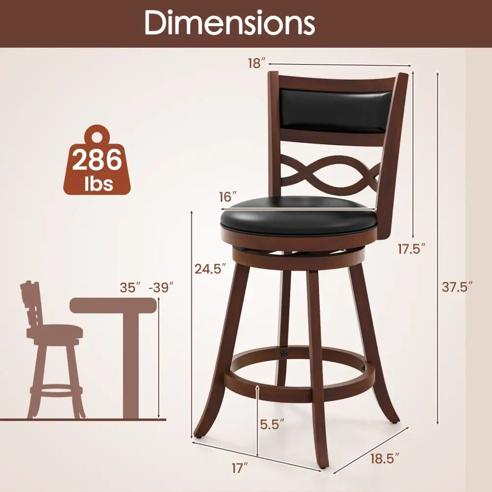 Bar Stools Set of 2 with Rubber Wood Frame and Faux Leather Upholstered Seat-24 Inch - Black & Brown - Bar Stools