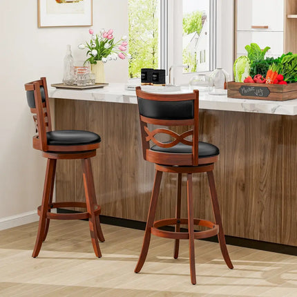 Bar Stools Set of 2 with Rubber Wood Frame and Faux Leather Upholstered Seat-29 Inch - Black & Brown - Bar Stools