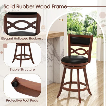 Bar Stools Set of 2 with Rubber Wood Frame and Faux Leather Upholstered Seat-24 Inch - Black & Brown - Bar Stools