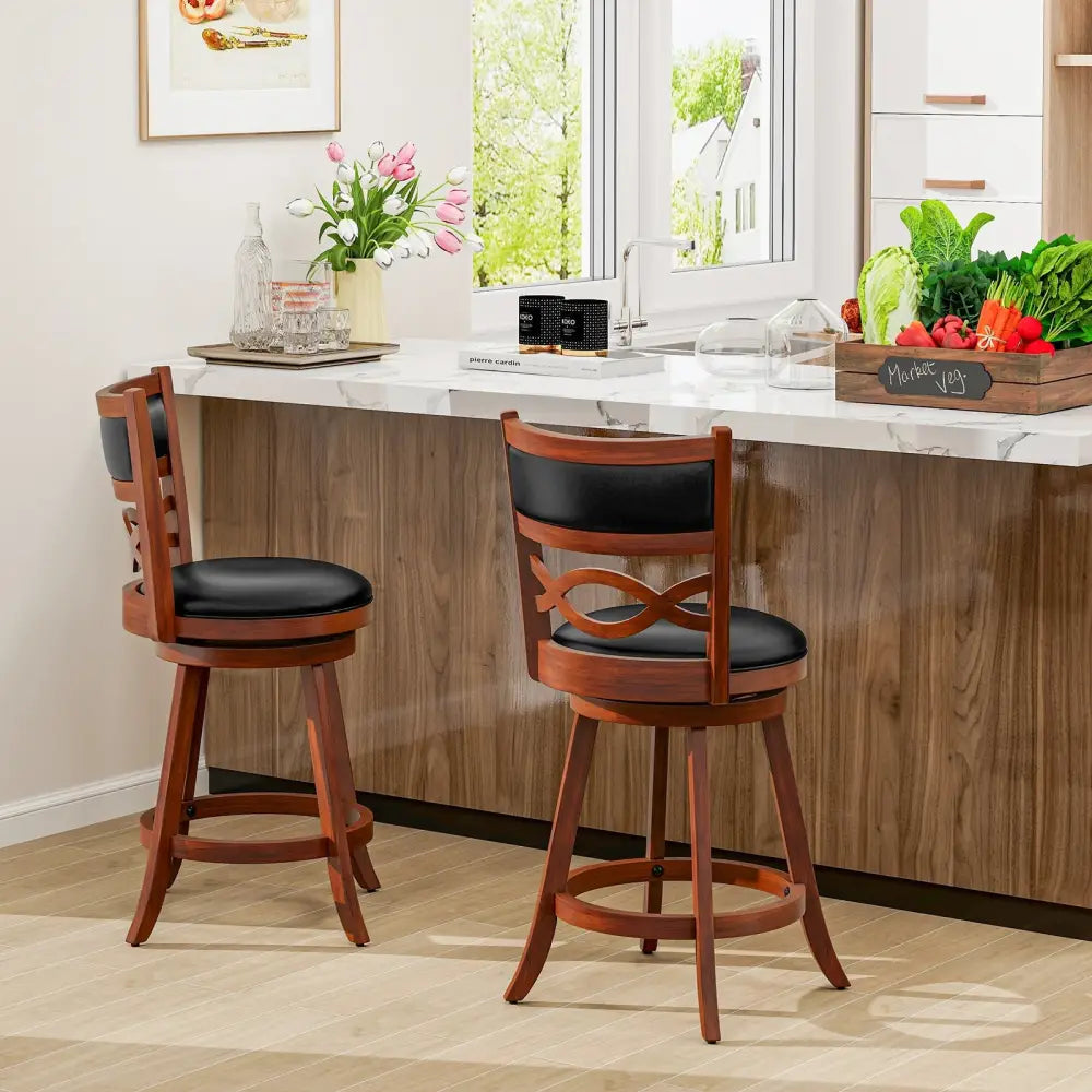 Bar Stools Set of 2 with Rubber Wood Frame and Faux Leather Upholstered Seat-24 Inch - Black & Brown - Bar Stools