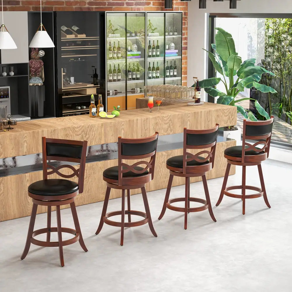 Bar Stools Set of 2 with Rubber Wood Frame and Faux Leather Upholstered Seat-24 Inch - Black & Brown - Bar Stools