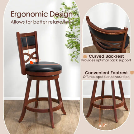 Bar Stools Set of 2 with Rubber Wood Frame and Faux Leather Upholstered Seat-24 Inch - Black & Brown - Bar Stools