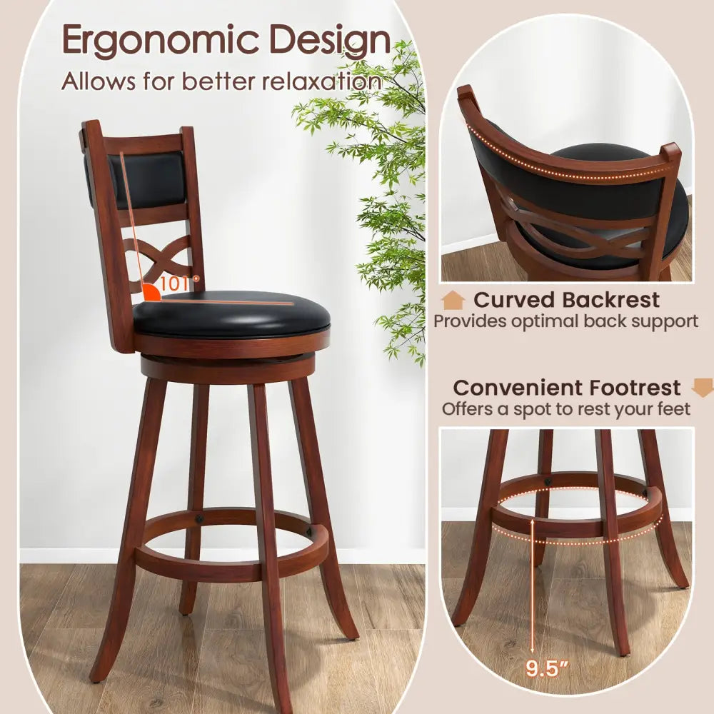 Bar Stools Set of 2 with Rubber Wood Frame and Faux Leather Upholstered Seat-29 Inch - Black & Brown - Bar Stools