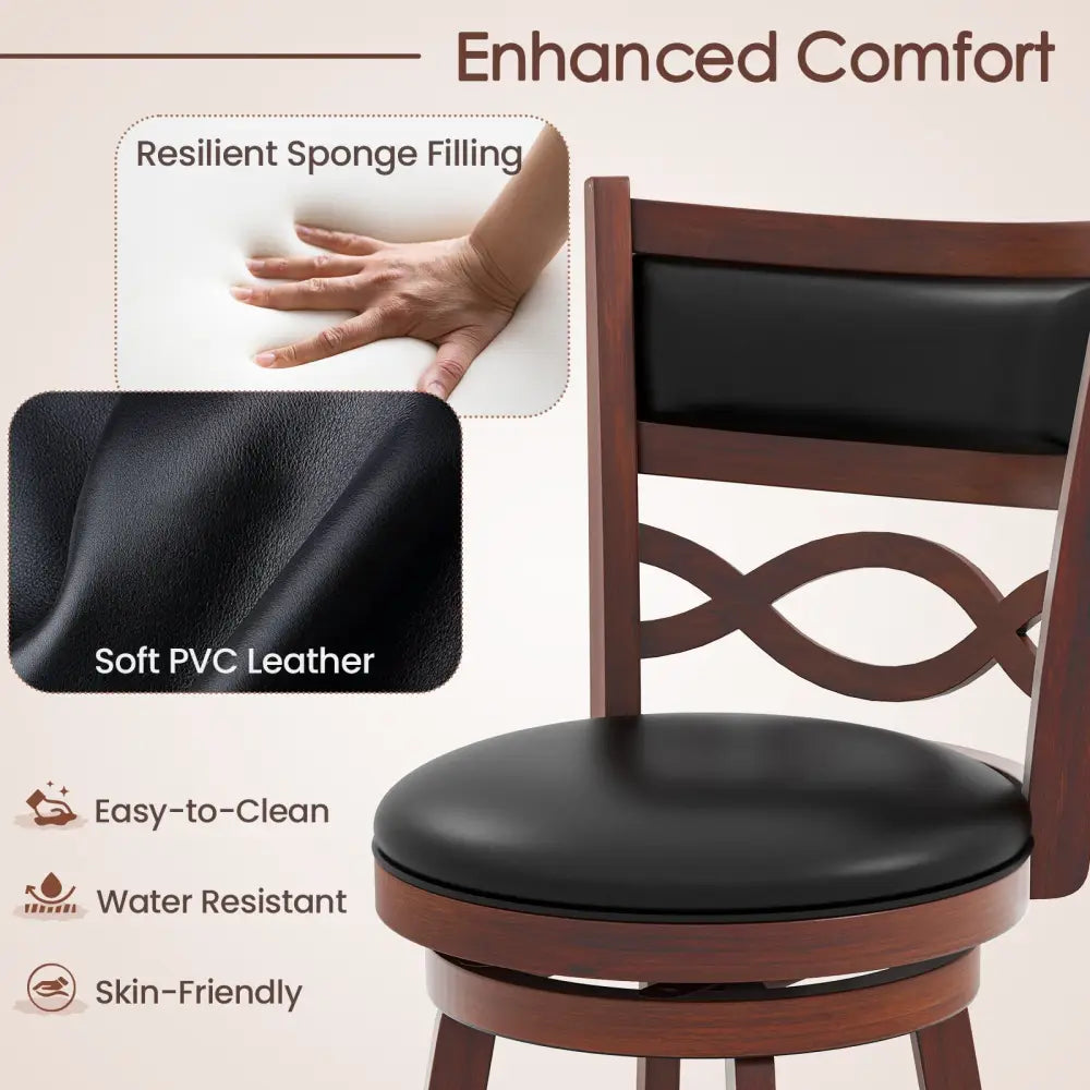 Bar Stools Set of 2 with Rubber Wood Frame and Faux Leather Upholstered Seat-24 Inch - Black & Brown - Bar Stools