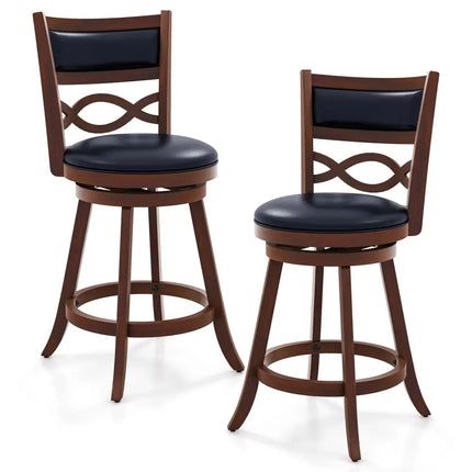 Bar Stools Set of 2 with Rubber Wood Frame and Faux Leather Upholstered Seat-24 Inch - Black & Brown - Bar Stools