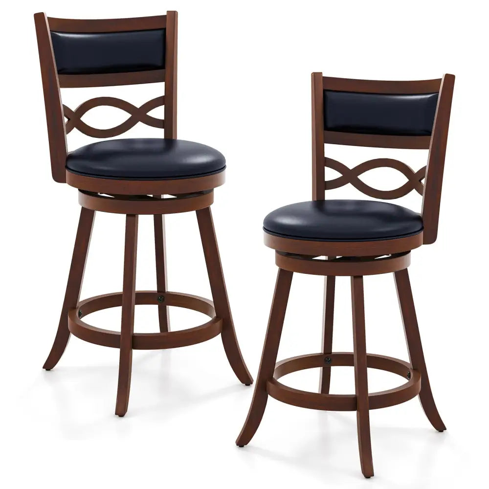 Bar Stools Set of 2 with Rubber Wood Frame and Faux Leather Upholstered Seat-24 Inch - Black & Brown - Bar Stools