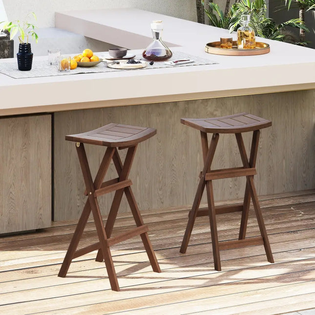 Bar Stools Set of 2 with Saddle Seat and Footrest for Kitchen Island and Balcony - Teak - Bar Stools