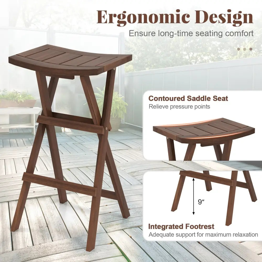 Bar Stools Set of 2 with Saddle Seat and Footrest for Kitchen Island and Balcony - Teak - Bar Stools