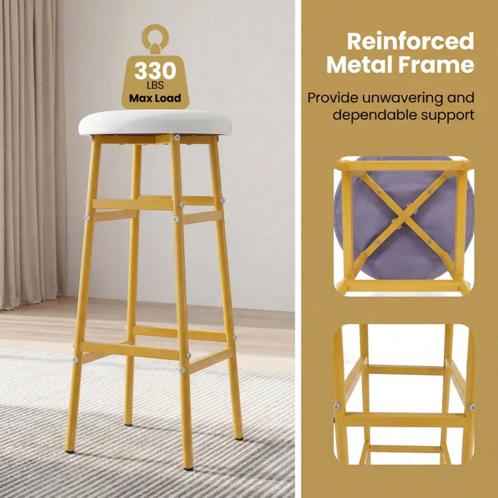 Bar Stools Set of 2 with Sturdy Metal Frame and Footrest-White - White & Golden - Bar Stools