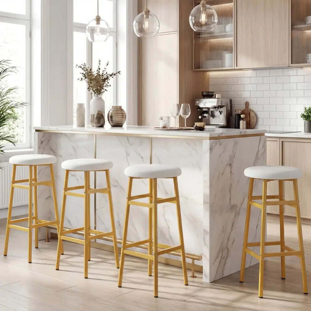 Bar Stools Set of 2 with Sturdy Metal Frame and Footrest-White - White & Golden - Bar Stools