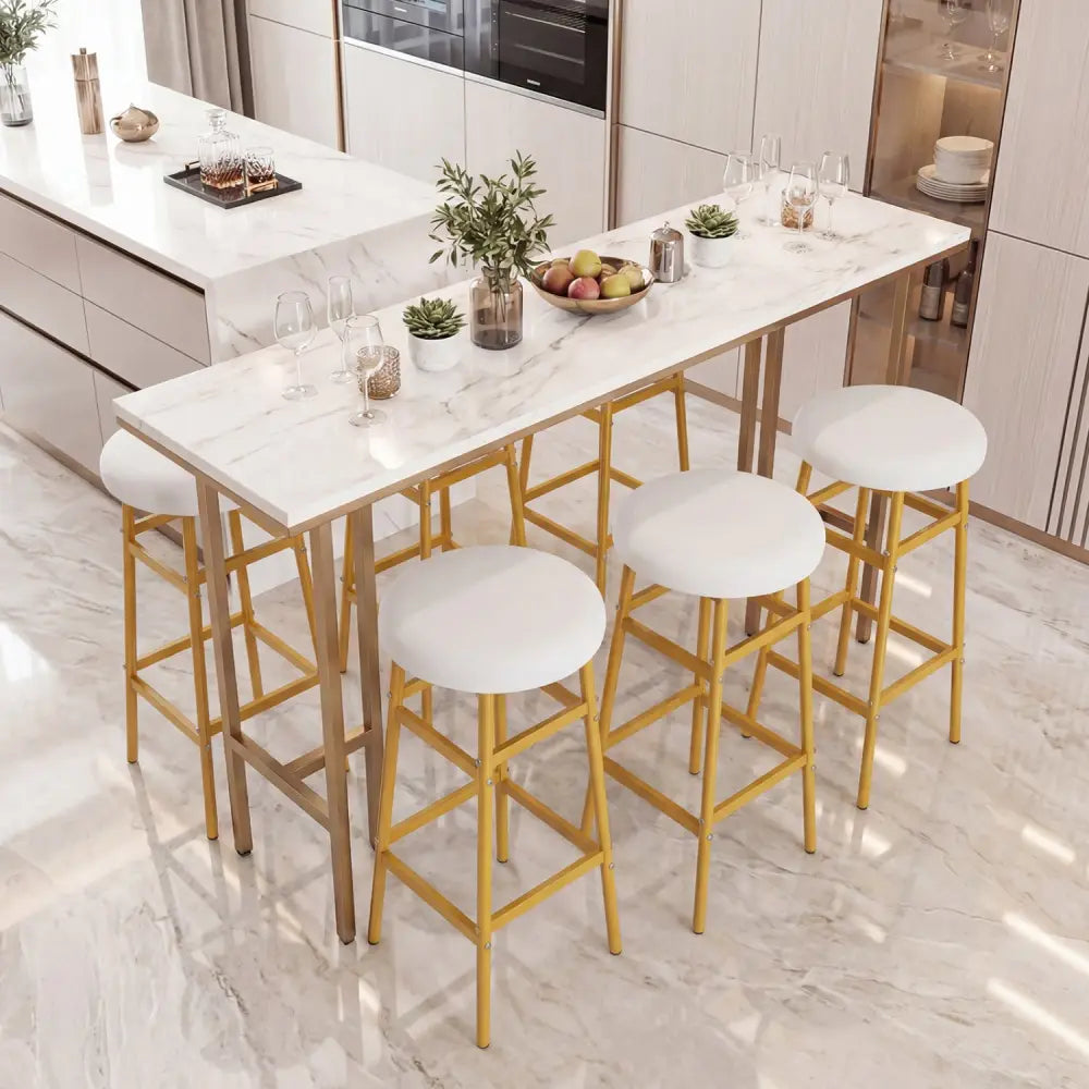 Bar Stools Set of 2 with Sturdy Metal Frame and Footrest-White - White & Golden - Bar Stools