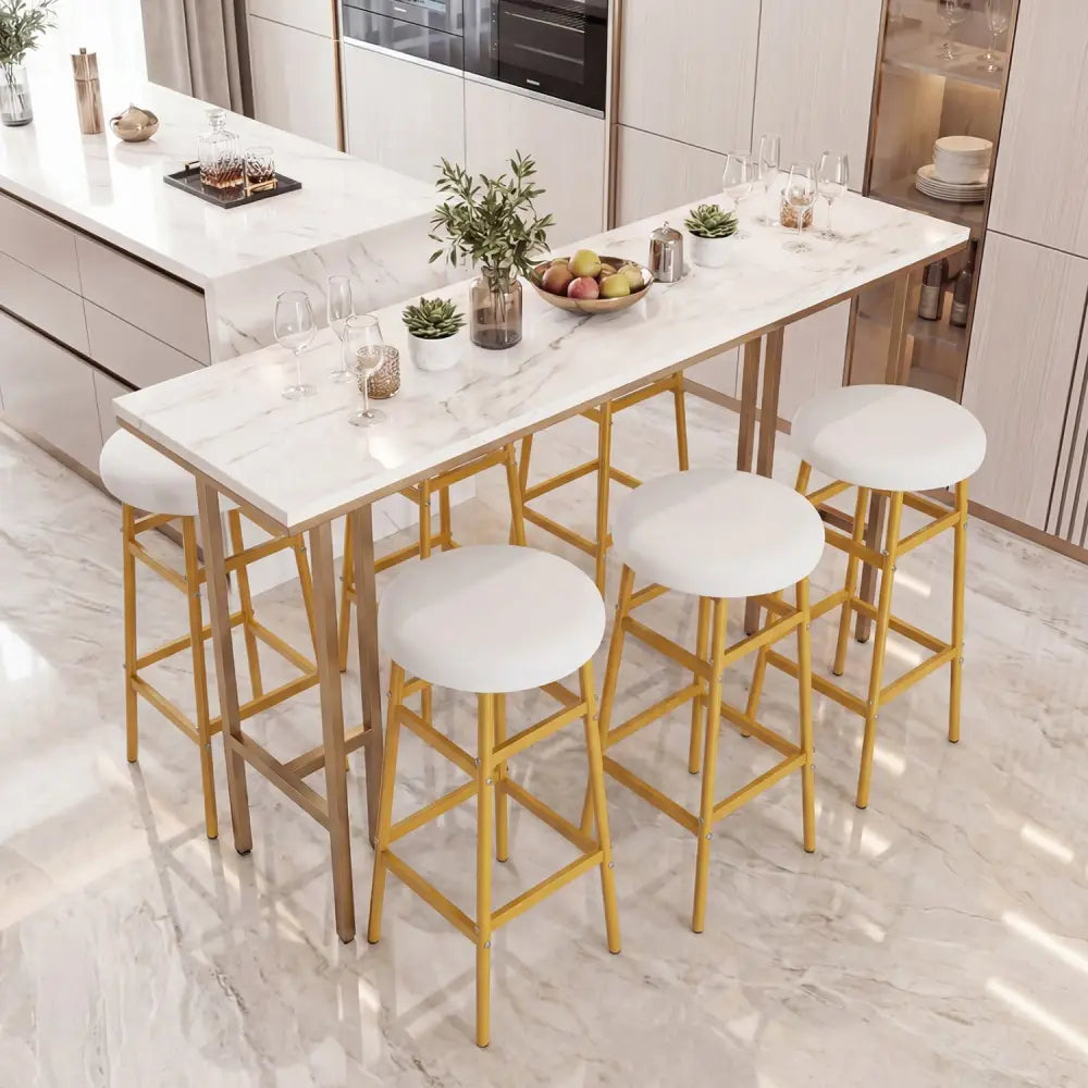 Bar Stools Set of 2 with Sturdy Metal Frame and Footrest-White - White & Golden - Bar Stools