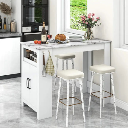 Bar Table Faux Marble Pub Table with 7 Hanging Hooks Compartment-White - White - Dining Tables