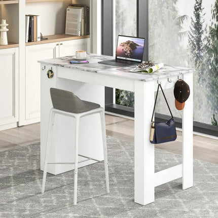 Bar Table Faux Marble Pub Table with 7 Hanging Hooks Compartment-White - White - Dining Tables