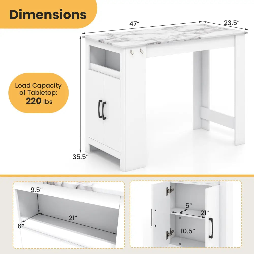 Bar Table Faux Marble Pub Table with 7 Hanging Hooks Compartment-White - White - Dining Tables