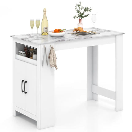 Bar Table Faux Marble Pub Table with 7 Hanging Hooks Compartment-White - White - Dining Tables