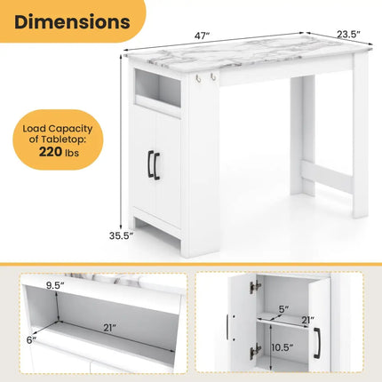 Bar Table Faux Marble Pub Table with 7 Hanging Hooks Compartment-White - White - Dining Tables