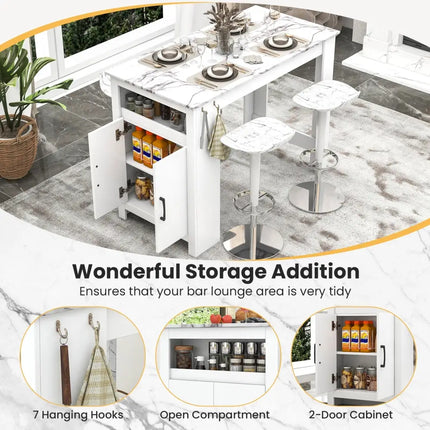 Bar Table Faux Marble Pub Table with 7 Hanging Hooks Compartment-White - White - Dining Tables