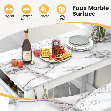 Bar Table Faux Marble Pub Table with 7 Hanging Hooks Compartment-White - White - Dining Tables