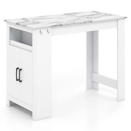 Bar Table Faux Marble Pub Table with 7 Hanging Hooks Compartment-White - White - Dining Tables