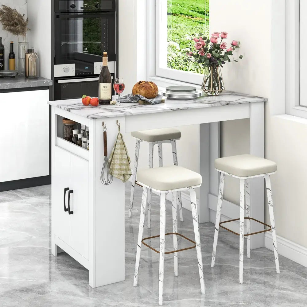 Bar Table Faux Marble Pub Table with 7 Hanging Hooks Compartment-White - White - Dining Tables