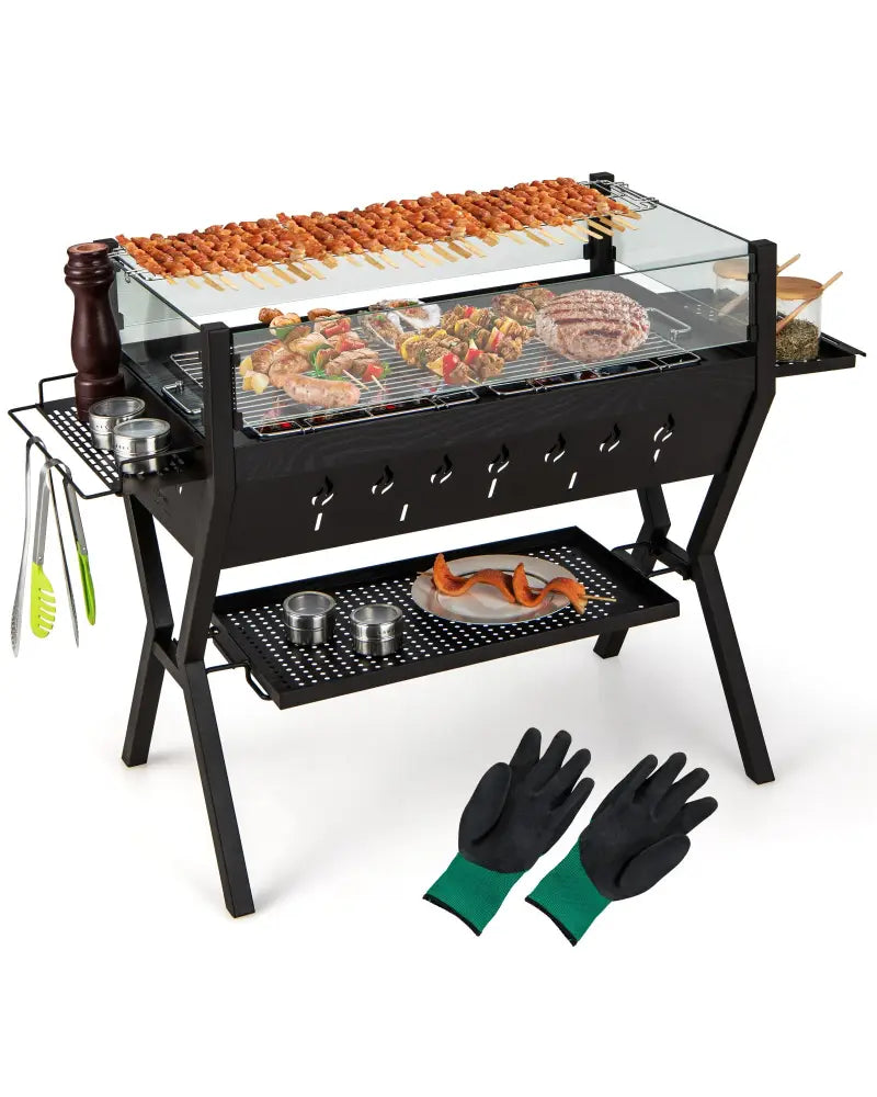 Barbecue Charcoal Grills with Wind Guard Seasoning Racks-Black - Black - Outdoor Grills