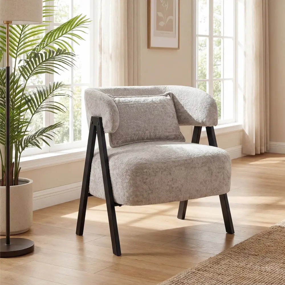 Barrel Accent Chair Faux Rabbit Fur Upholstered Armchair-Gray - Gray - Accent Chairs