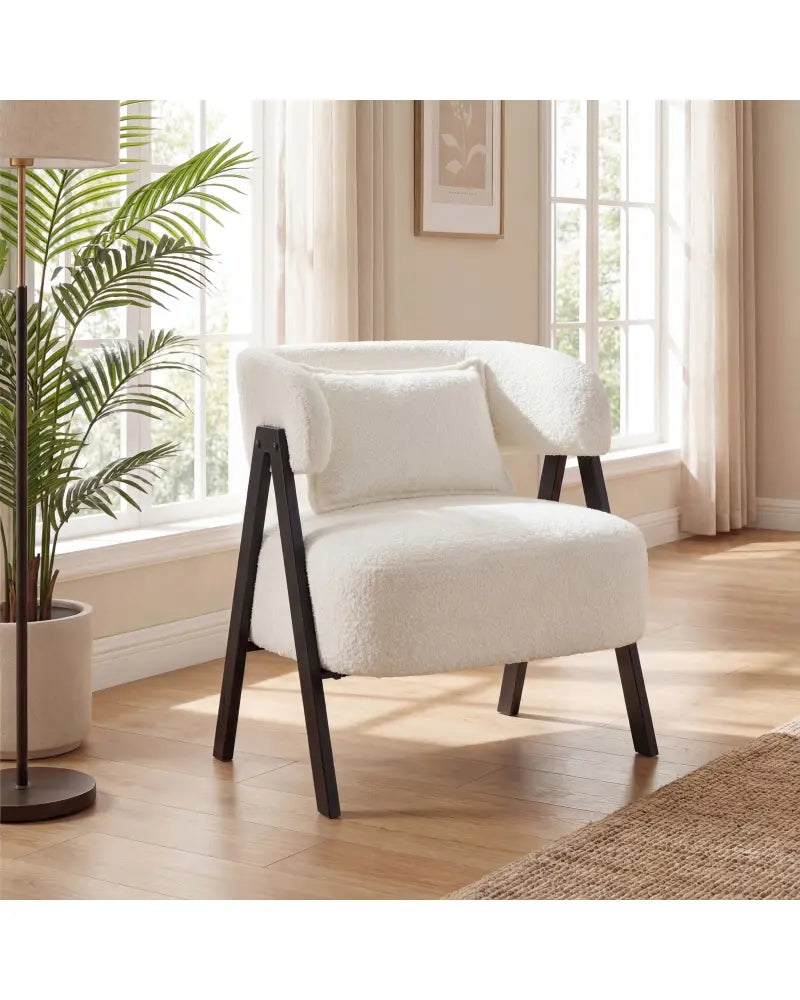Barrel Accent Chair Faux Rabbit Fur Upholstered Armchair-White - White - Accent Chairs