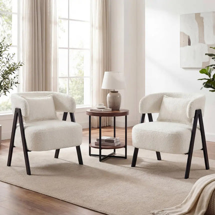 Barrel Accent Chair Faux Rabbit Fur Upholstered Armchair-White - White - Accent Chairs