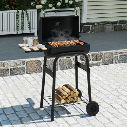 Barrel Charcoal Grill with Foldable Side Table and Thermostat-Black - Black - Outdoor Grills