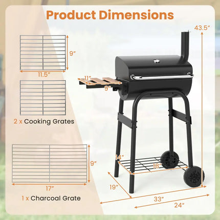 Barrel Charcoal Grill with Foldable Side Table and Thermostat-Black - Black - Outdoor Grills