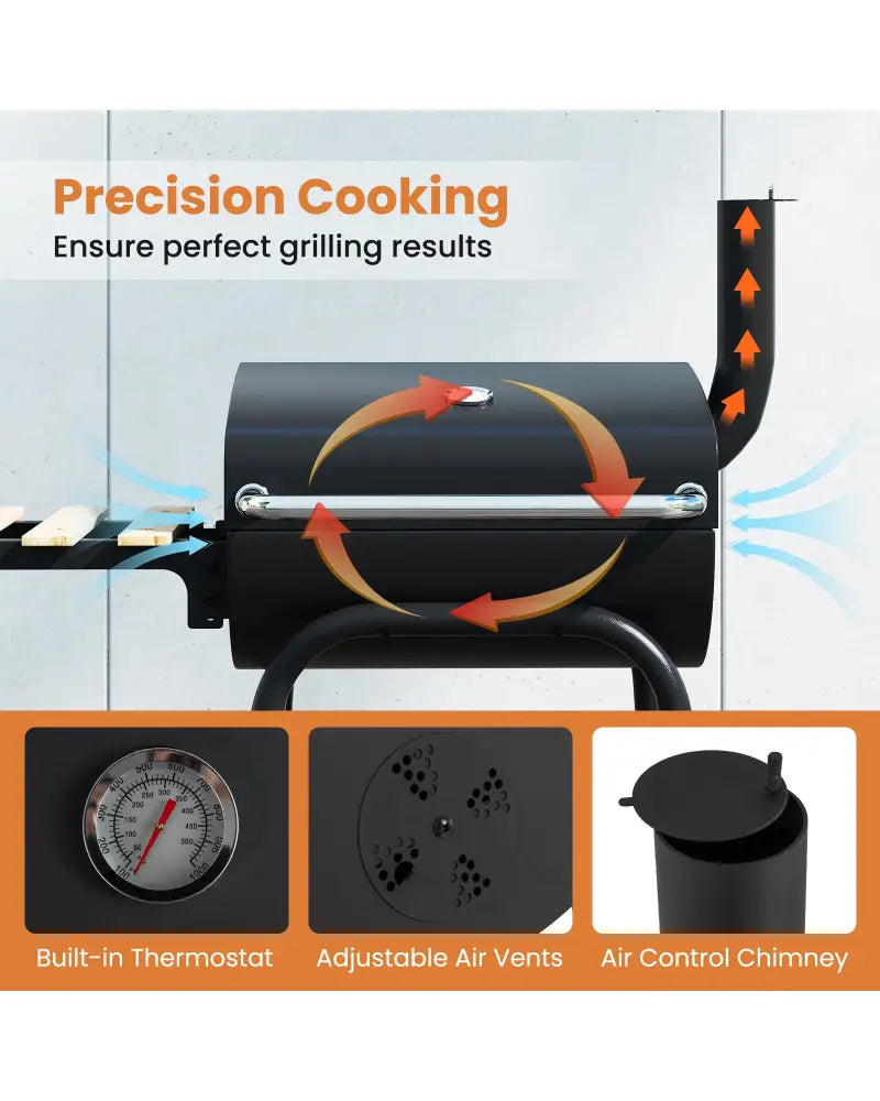 Barrel Charcoal Grill with Foldable Side Table and Thermostat-Black - Black - Outdoor Grills