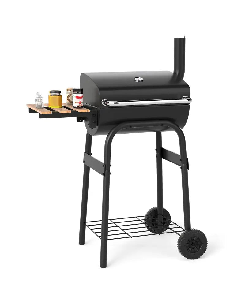 Barrel Charcoal Grill with Foldable Side Table and Thermostat-Black - Black - Outdoor Grills