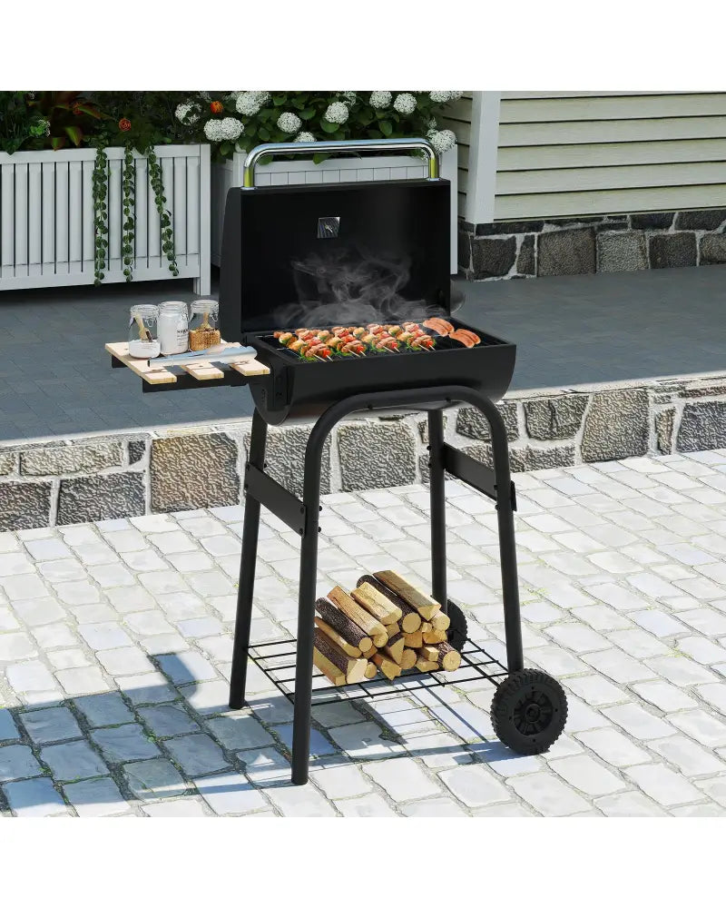 Barrel Charcoal Grill with Foldable Side Table and Thermostat-Black - Black - Outdoor Grills