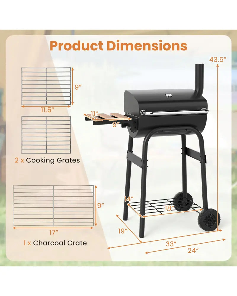 Barrel Charcoal Grill with Foldable Side Table and Thermostat-Black - Black - Outdoor Grills