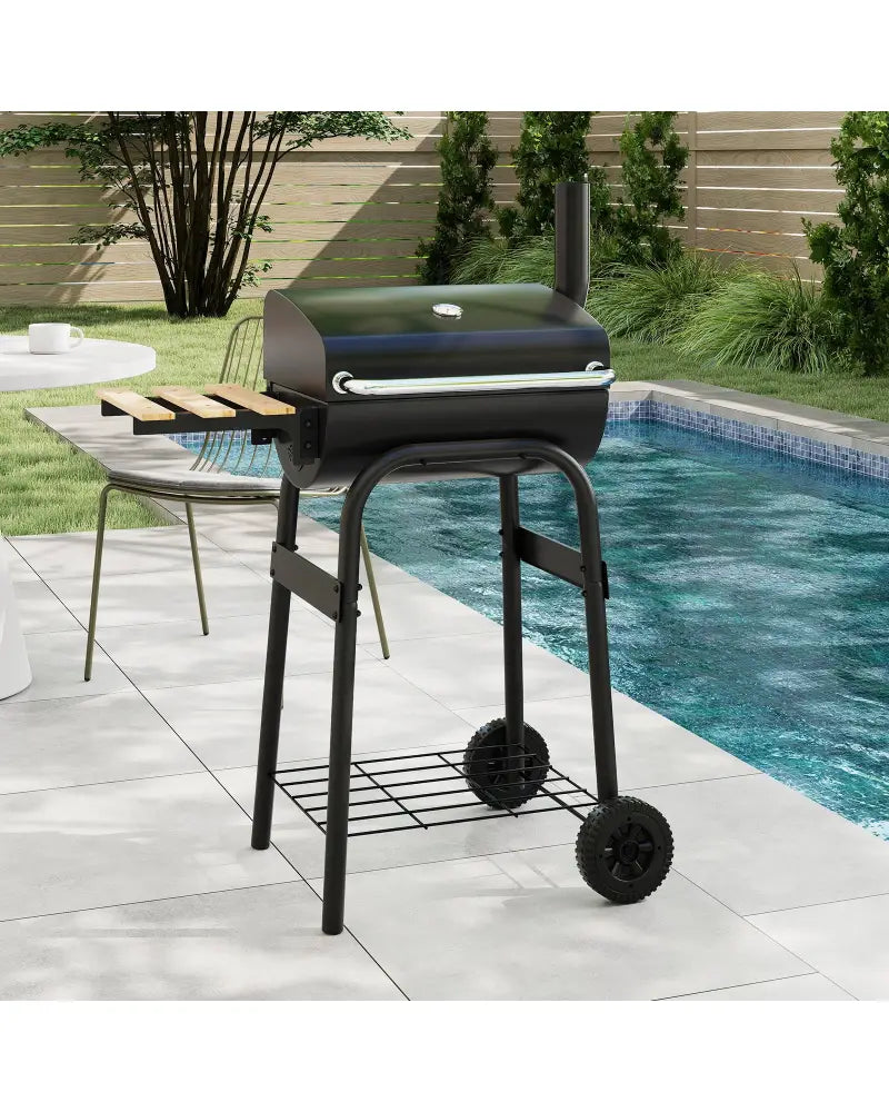 Barrel Charcoal Grill with Foldable Side Table and Thermostat-Black - Black - Outdoor Grills