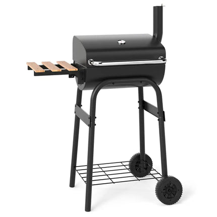 Barrel Charcoal Grill with Foldable Side Table and Thermostat-Black - Black - Outdoor Grills