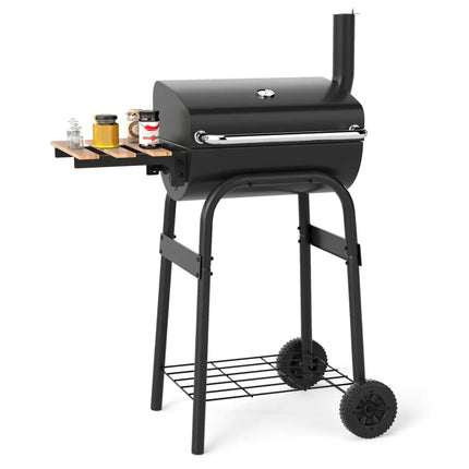 Barrel Charcoal Grill with Foldable Side Table and Thermostat-Black - Black - Outdoor Grills