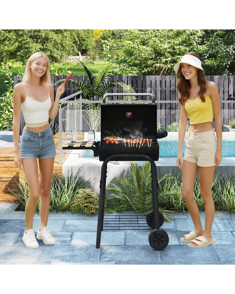 Barrel Charcoal Grill with Foldable Side Table and Thermostat-Black - Black - Outdoor Grills