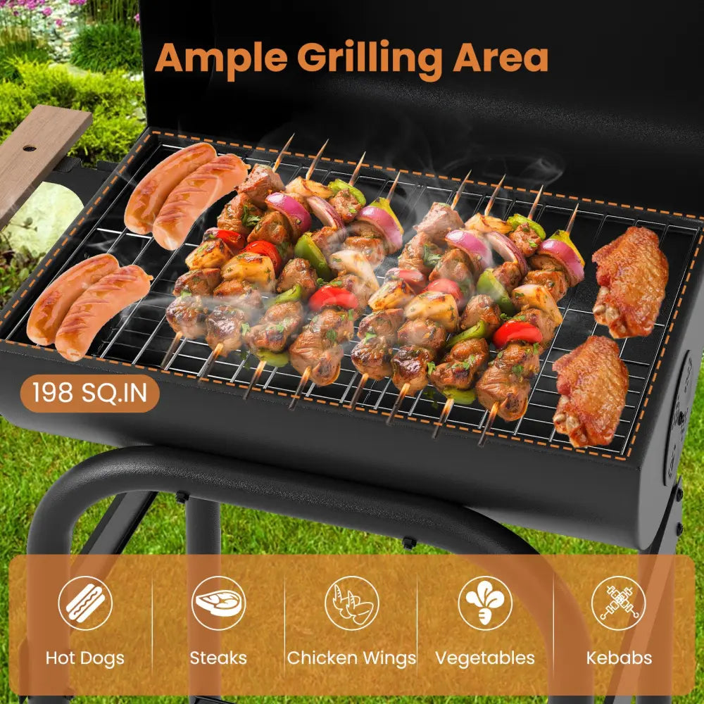 Barrel Charcoal Grill with Foldable Side Table and Thermostat-Black - Black - Outdoor Grills