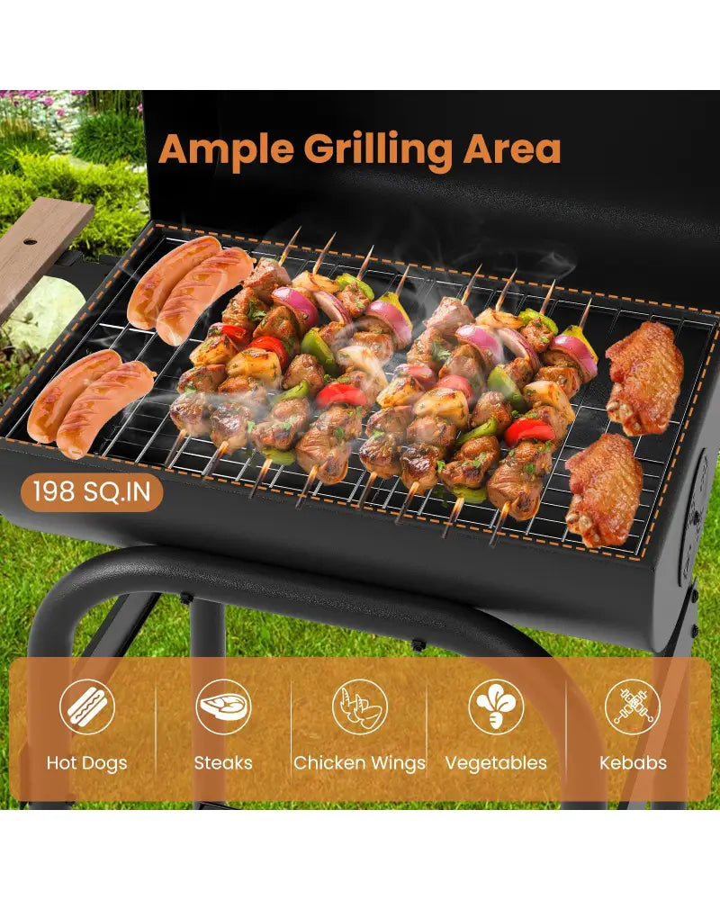 Barrel Charcoal Grill with Foldable Side Table and Thermostat-Black - Black - Outdoor Grills
