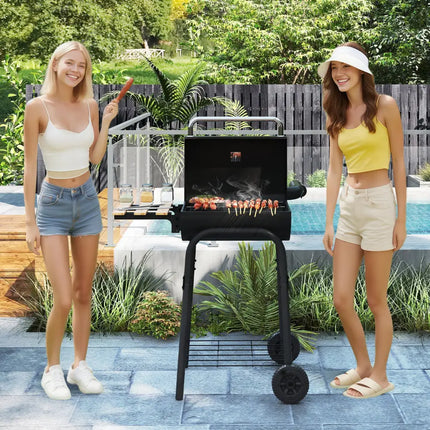 Barrel Charcoal Grill with Foldable Side Table and Thermostat-Black - Black - Outdoor Grills